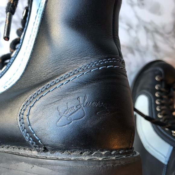 John Fluevog Black Chunky Platform Lace Up Combat Boots with Blue Angle Stripe - Picture 6 of 16